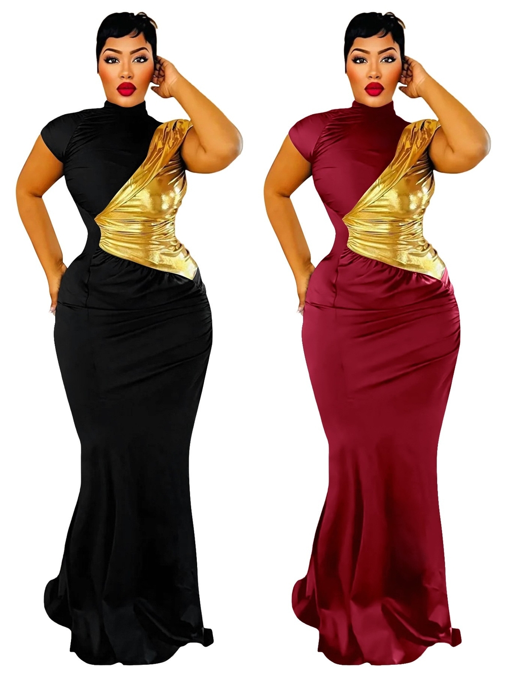 Elegant Gold-Accented Black / Burgundy Evening Gown